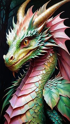 a painting of a green and pink dragon