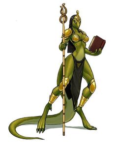 a green creature holding a staff and a book in it's hands with a snake like body