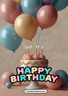 a birthday cake with lit candles surrounded by balloons