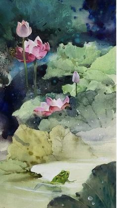 watercolor painting of pink flowers and green leaves