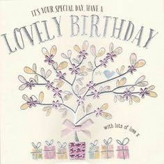 a happy birthday card with a tree and presents on the bottom that says, it's your special day have a lovely birthday