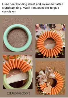 the instructions for how to make a wreath out of carrots are shown in three different pictures