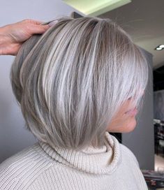 Hair Highlights For Grey Hair, Short Platinum Hair With Bangs, Short White Hair With Lowlights, Icy Blonde Hair With Shadow Root Bob, Money Piece Grey Hair, Grey Hair With Highlights And Lowlights, Salt And Pepper Hair Color Ideas, Lowlights For White Hair, Cool Gray Hair