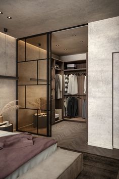 an open closet with clothes on hangers and other items in the room next to it