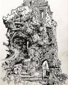 an ink drawing of a house surrounded by trees and bushes with stairs leading up to the front door