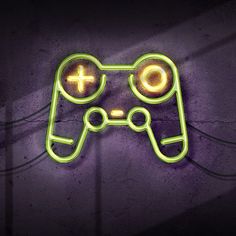 neon gaming controller sign on the wall in front of a purple background with yellow lights