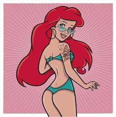 ariel from the little mermaid with glasses and tattoos on her chest, standing in front of pink background