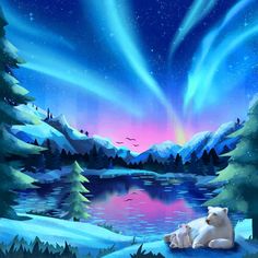 two polar bears are sitting in the snow by a lake under an aurora borel display