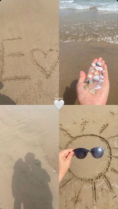 four different pictures with the words i love you written in sand and two people's hands holding rocks