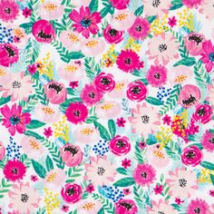 pink and green floral print fabric with large, colorful flowers on the bottom half of it