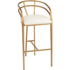 a gold metal bar stool with white upholstered seat and backrest, viewed from the front