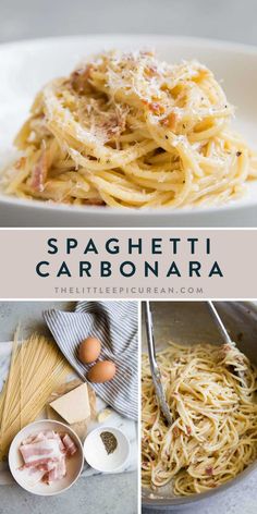 spaghetti with bacon and parmesan cheese in a white bowl