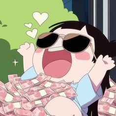 a woman with sunglasses and money in front of her face, making a funny face