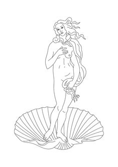 a black and white drawing of a woman standing on top of a large shell with her hair blowing in the wind