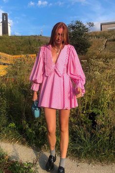 Pink Plaid Lapel A-Line Babydoll Dress – AROLORA Overnight Shipping Dresses, A Line Dress Styling, Fall Puff Sleeve Dress, Petal And Pup Dress, Feminine Colorful Outfits, Styling Babydoll Dress, Colourful Dress Outfit, 90s Pink Aesthetic Outfits, Color Outfits Aesthetic