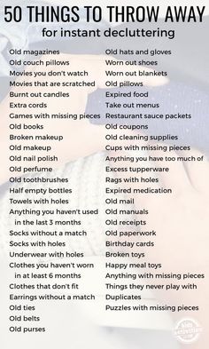 the 50 things to throw away for instant decluttering in this postcard