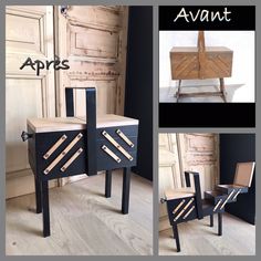 an image of two chairs made out of wood and black paint with the words avant on them