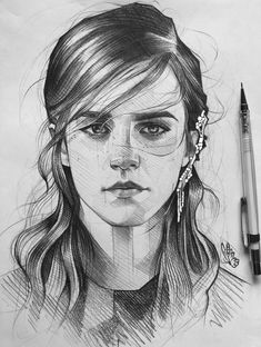 a pencil drawing of a girl with long hair