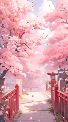 an image of a beautiful scenery with pink flowers on the trees and in the background there is a red gate