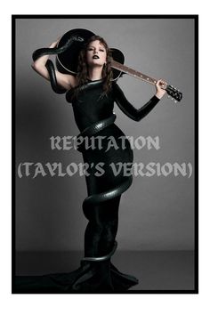 Taylor Swift wearing a long one-sleeved black body con dress holding a black guitar over her head with a long black snake wrapped around her body Concept Art, Taylor Swift, Swift, Taylor Swift Snake, Reputation Taylor's Version, Reputation Snake, The Snake