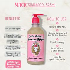 MAGIC SHAMPOO 250ML 525ML  1 LITER BENEFITS  For all hair types Prevents  and decreases hair loss  Accelerates growth  Softens and deeply hydrates Gives a natural healthy appearance.  HOW TO USE  Apply to damp hair.  Massage the scalp and hair between 4 and 5 minutes.  Rinse thoroughly.  Repeat at least 3 times a week Enjoy its spectacular results. Cruelty Free, Hair Care Tips, Beauty Products, Hair Massage, Shampoo Hair, Sulfate Free, Hair Products, Hair Type, Hair Care