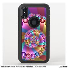an iphone case is shown with colorful circles on the front and back cover, as well as