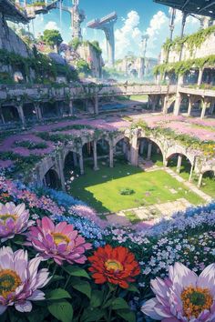 an artist's rendering of a flower garden with lots of flowers in the foreground