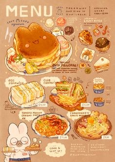 an illustrated menu with cartoon characters and food items