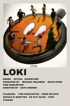 an advertisement for the movie loki with people standing on top of a large clock