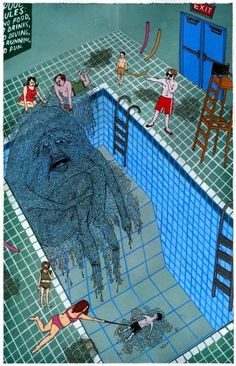 an image of a giant monster in a swimming pool with people around it and one person standing on the edge