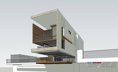 an architectural drawing of a building with balconies on the top and second floor