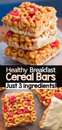 some pretzels are stacked on top of each other and the words, healthy breakfast cereal bars just 3 ingredients