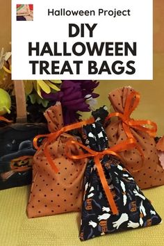 two halloween treat bags with the title diy halloween treat bags written on them in black and white