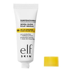 Prime, protect, and glow. e.l.f. SKIN’s Suntouchable Whoa Glow SPF 30 Mini is a travel-ready lightweight face sunscreen and primer hybrid that delivers broad-spectrum SPF 30 sun protection, primes your skin for long-lasting makeup wear, and imparts a glowy, sheer finish. With just a hint of peach-tone shimmer, the soothing and hydrating sunscreen formula has a non-greasy feel and is also infused with aloe, hyaluronic acid, and squalane. Use it as the last step in your skincare routine as a makeu Best Tinted Sunscreen For Face, Glossier Sunscreen, Aesthetic Sunscreen, Glow Sunscreen, Makeup Tips For Older Women, Cosmetic Store, Long Lasting Makeup, Sunscreen Lotion, Face Hydration