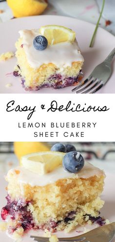 lemon blueberry sheet cake on a plate with a fork