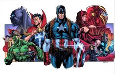 an image of the avengers team up with their captain america characters in front of them