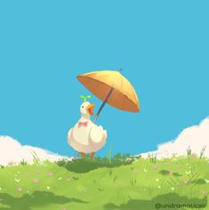 a duck with an umbrella standing in the grass next to a bird on top of a hill