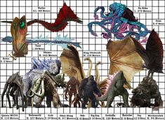 several different types of dragon figurines on a grid