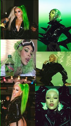 several photos of the same woman with green hair and black clothes, one is dressed in leather