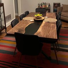 a dining room table with plates and fruit on it