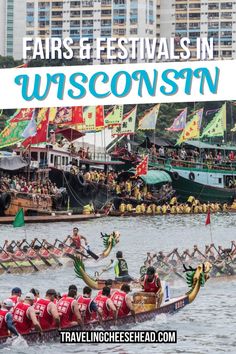 people in canoes with flags and banners on the side of them, near water