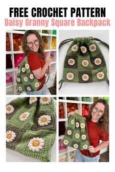 the crochet granny bag has daisies on it