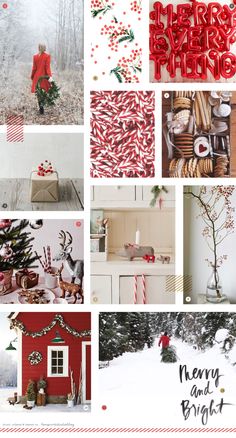 a collage of christmas cards with red and white decorations, trees, presents, candles, gifts