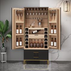an open cabinet filled with lots of bottles and glasses next to a potted plant