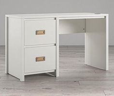 a white desk with two drawers on the bottom and one drawer open to reveal a file cabinet