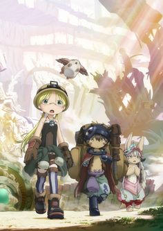 two anime characters standing next to each other in front of a background with birds and plants