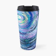 an abstract painting with blue, purple and yellow colors travel mug