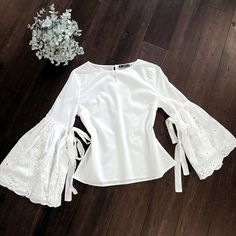 Shein Womens White Long Wide Flare Sleeve Cute Top Size Xs In Perfect Condition, Looks Brand New Beautiful Embroidered Flare Sleeves With Tie Detail Length 21” Underarm To Underarm 17” I81 White Flowy Long Sleeve Shirt, Long Sleeve Flare Top, Shein Blouses Long Sleeve, Misa Amane, Tops Shein, Modest Tops, Tie Sleeve Blouse, Short Kurti, White Flares
