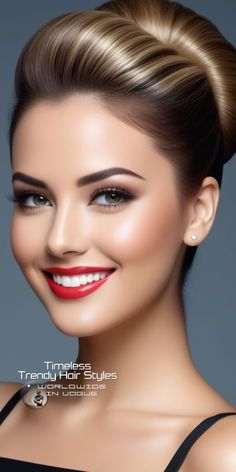 a woman with red lipstick and a bun in her hair is smiling at the camera