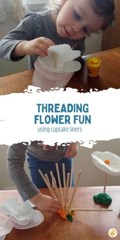 Toddlers can learn fine motor threading and have fun with pretend play at home with this super simple cupcake liner flowers activity using play dough and dowels as the stem. Flowers Activity, Cupcake Liner Flowers, Flowers At Home, Easy Cupcake